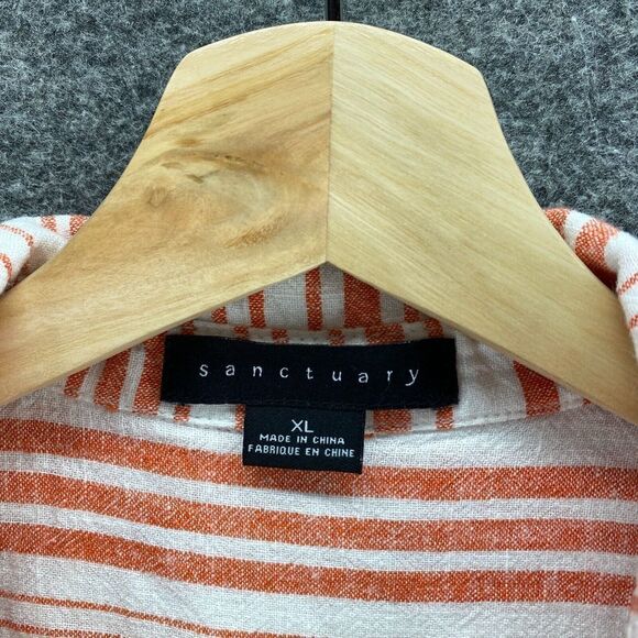 Sanctuary Shirt Women XL White Striped Button Up Collared Linen Short Sleeve - Picture 5 of 10